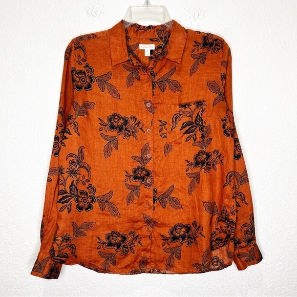 Garnet Hill Easy Linen Button-Down Shirt Pumpkin Floral Top Fall Autumn - Picture 1 of 9
